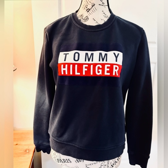 TOMMY HILFIGER Crewneck Flocked Graphic Navy Fleece Lined Sweatshirt ~Small - Picture 9 of 9
